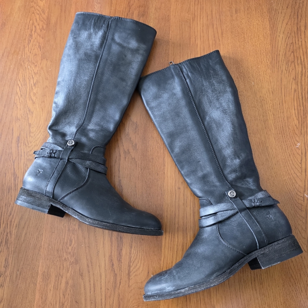 NEW Frye Melissa Belted Tall Boots Brushed Gray Riding Festival Boot - Picture 2 of 6